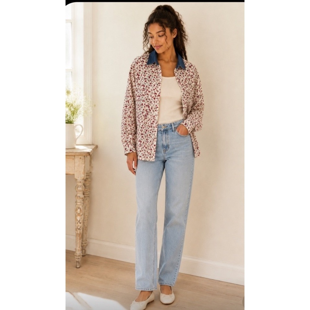 Cabin Creek Button down Top Womens L Denim Collar Cotton Cottagecore Floral